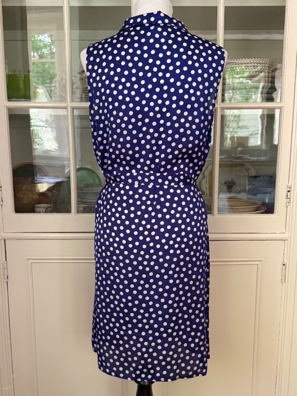 Agnes B. Blue & White Polka Dot Silk Dress, Size 42/US 10, Button Down, Sash - Picture 4 of 8